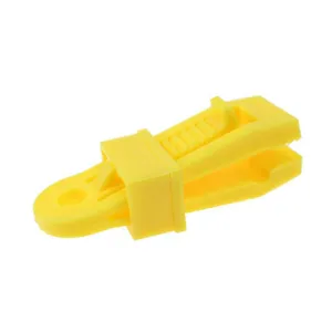 Close-up detail of durable yellow plastic tent clamp for secure outdoor tarp and canopy setup.