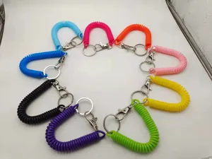 Colorful coiled spring lanyard keychain detail, featuring metal lobster clasp and flexible stretch.