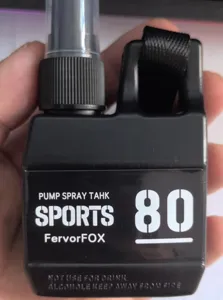 Portable 80ml outdoor travel spray bottle detail featuring black jerry can design and pump nozzle.
