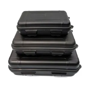 Black plastic waterproof survival storage case stack, heavy-duty shockproof protective box.