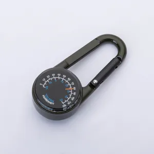 Outdoor portable carabiner with integrated temperature dial, durable metal hook style.