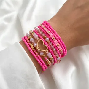 10 Stück Herz Rosa Samen Perlen Armband Set Für Damen Goldfarben Strass Verstellbar Stapelbarer Boho Schmuck Valentinstag Geschenk