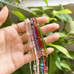Close-up detail of Bohemian colorful seed beaded waist chain for summer beach fashion