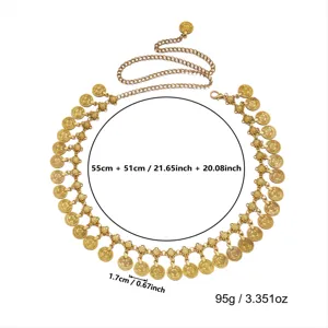 Detailed size and weight measurement of a gold coin belly dance waist chain, 95g total weight