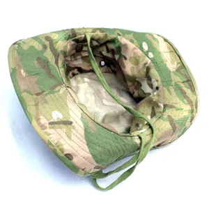 Camouflage boonie hat detail showing inner lining and adjustable chin strap for outdoor sports.