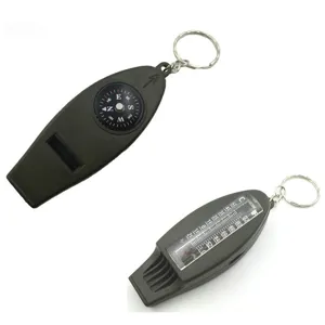 Outdoor 4-in-1 survival whistle with compass and thermometer, portable emergency camping tool keychain.