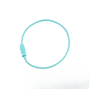 Light blue coated steel wire cable keyring metal loop accessory close up detail view