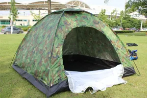 Outdoor camouflage camping tent detail, waterproof single layer shelter with mosquito net for hiking.