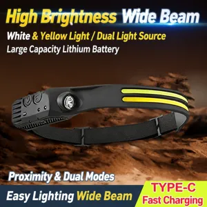 Linterna frontal LED COB recargable con sensor de movimiento para correr y acampar