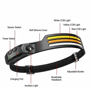 Linterna frontal LED COB recargable con sensor de movimiento, luz roja blanca amarilla.