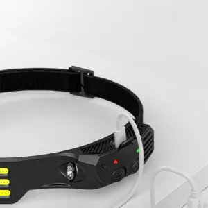 Linterna frontal LED COB recargable con puerto USB-C, correa ajustable, luz brillante.