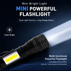 Mini lampe torche LED avec lumieres laterales COB, zoom puissant rechargeable USB portable.