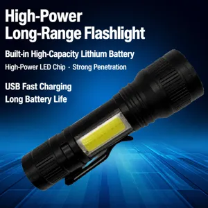 Lampe de poche LED portable avec lumière latérale COB, zoom et batterie rechargeable USB.