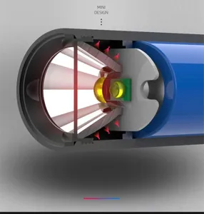 Vue en coupe détaillée de la mini lampe de poche avec structure interne LED et batterie.