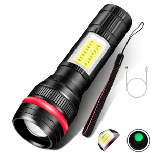 Gros plan détaillé de la mini lampe de poche LED zoomable avec foyer télescopique et câble.