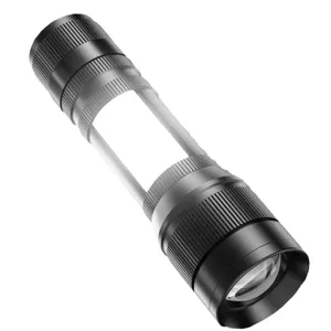 Lampe de poche LED portable avec lumière latérale COB, torche étanche et zoomable.