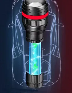 Vue détaillée de la lampe de poche LED zoomable, affichant un faisceau lumineux et un corps compact.