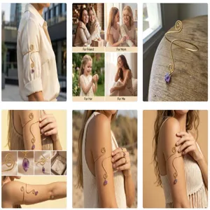 Close-up detail and lifestyle shots of an ethnic gold spiral armlet with crystal