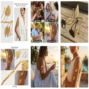 Collage showing golden leaf spiral armlet in various lifestyle and gift settings