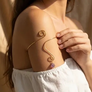 Ethnic Geometric Metal Spiral Open Arm Cuff For Women Minimalist Gold Plated Rhinestone Leaf Armlet Upper Arm Bracelet Jewelry