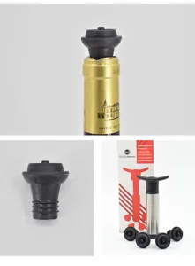 Details of the manual wine vacuum pump and reusable silicone stoppers for fresh keeping.