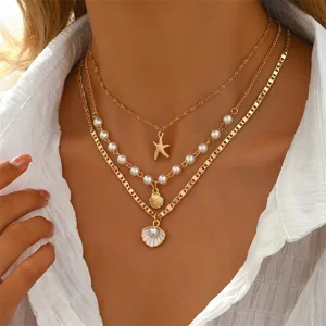Close-up view of a layered gold necklace featuring starfish and shell pendants on a model