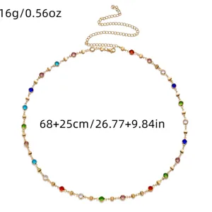 Detailed view of colorful rhinestone waist chain showing weight and dimensions specifications.