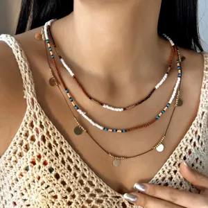 Bohemian Multi Layer Stacking Artificial Pearl Seed Bead Necklace Set Aesthetic Gold Round Sequin Pendant Choker Collar Chain For Women Daily Vacation Jewelry Gift