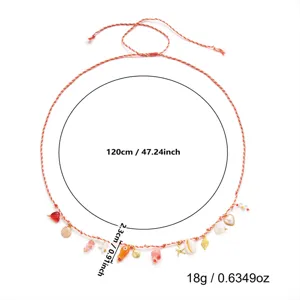 Detail view showing dimensions of a bohemian shell and starfish waist chain for beach