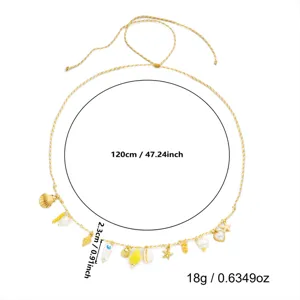 Measurement diagram for bohemian shell waist chain: 120cm circumference and 2.3cm charm drop.