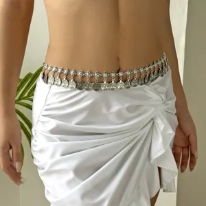Detailed view of intricate silver coin fringe waist chain for belly dance performance