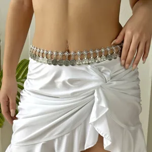 Detailed view of bohemian vintage silver coin tassel belly chain for belly dance costumes