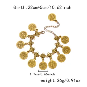 Detailed view showing dimensions and weight of this vintage gold coin tassel body chain