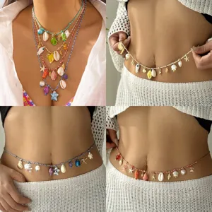 Bohemian Beach Shell Starfish Waist Chain Layered Body Chain Alloy Artificial Pearl Jewelry For Women Summer Vacation