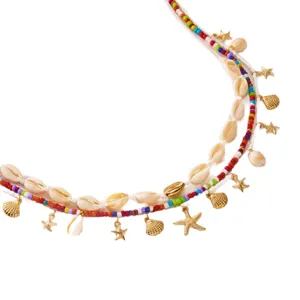 Collana corpo bohémien con perline colorate, conchiglie naturali e ciondoli a stella marina