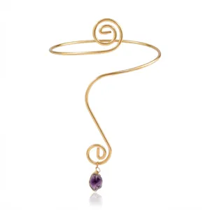 Elegant ethnic gold metal spiral open arm cuff bracelet with purple raw stone pendant