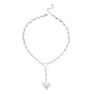 Elegant silver Y-shaped tassel necklace with heart motifs and an engraved heart locket