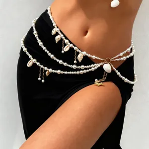 Boho Mehrlagige Künstliche Perle Taillenkette Mit Natürlicher Muschel Schnecke Seestern Anhänger Bikini Körperkette Strand Schmuck Für Damen