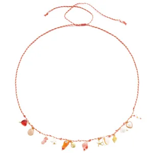 Bohemian beach waist chain with colorful shells and starfish charms on red rope.