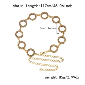 Detailed view of vintage gold carved waist chain with measurements and weight info
