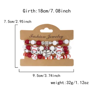 Four-piece baseball themed beaded bracelet set showing product dimensions and weight