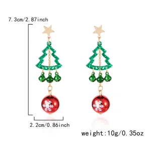 Christmas tree drop earrings with bells and red snowflake balls, size 7.3x2.2cm
