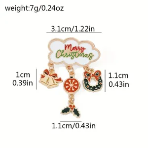 Detailed dimensions and weight of a festive Christmas enamel brooch with dangling charms