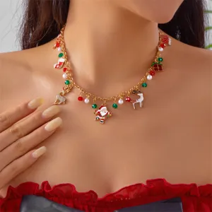 Weihnachten Legierung Halskette Für Damen Weihnachtsmann Rentier Schneemann Anhänger Künstliche Perle Strass Inlay Schmuck