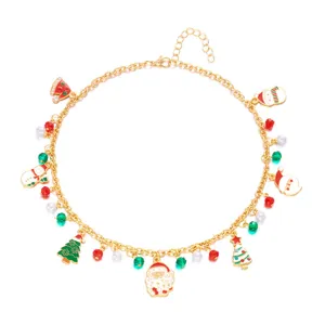 Goldfarbene Weihnachtskette mit Weihnachtsmann-Anhängern, Perlen und Kristallen