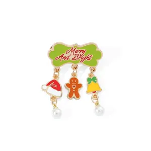 Detail view of a festive Christmas brooch with gingerbread man and Merry And Bright