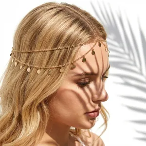 Chaîne de tête bohème dorée à plusieurs rangs avec paillettes rondes sur mannequin