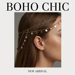 Élégante chaîne de tête bohème dorée à plusieurs niveaux avec glands à paillettes rondes
