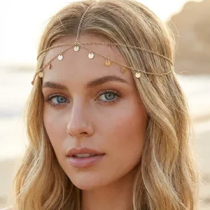 Chaîne de Cheveux Bohème Dorée en Couches avec Glands de Disque Rond Coiffe Femme Bijoux de Mariage Fête Chaîne de Tête Exotique