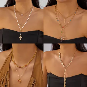 Böhmische Legierung Künstliche Perle Strass Kreuz Anhänger Mehrlagige Lange Y-Förmige Quasten Halskette Für Damen Modeschmuck